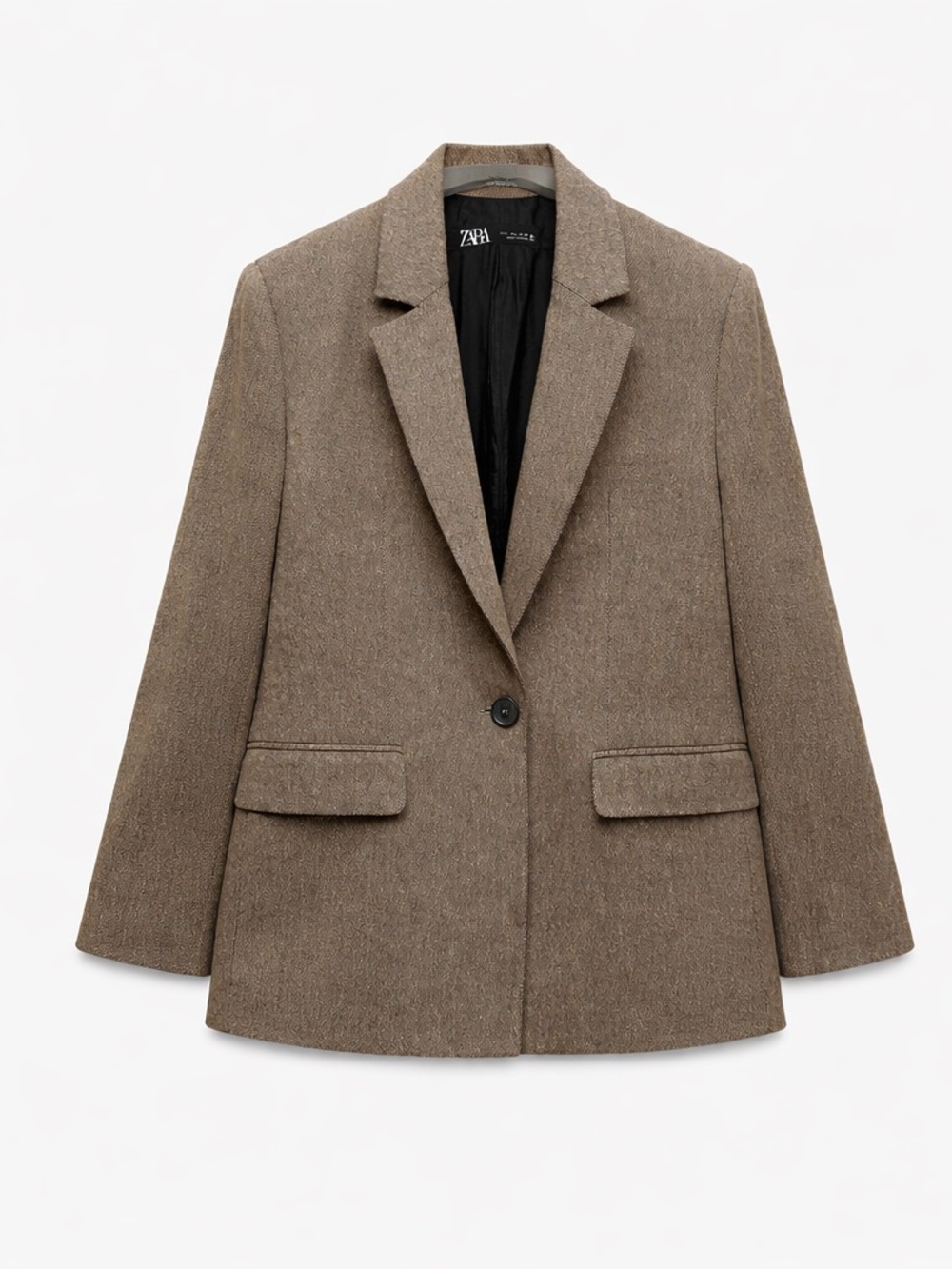 Zara Herringbone Blazer Tan Brown Tailored Classic Size L